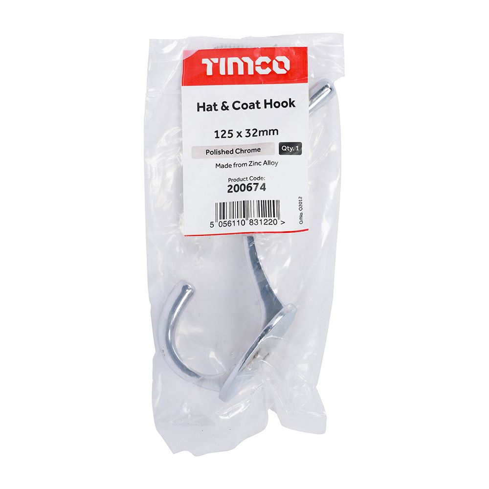 TIMCO Hat & Coat Hook Pol. Chrome 125 x 32mm Pack 1