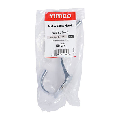 TIMCO Hat & Coat Hook Pol. Chrome 125 x 32mm Pack 1