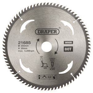 Draper TCT SAW BLADE 255MM 80T WOOD 21685 TCT Circular Saw Blade for Wood, 255 x 30mm