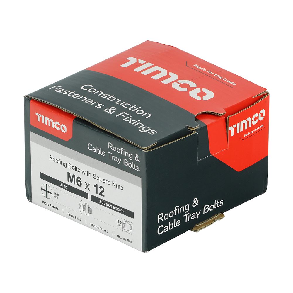TIMCO Roofing Bolt & SQ Nut Zinc M6 x 12 Silver Pack 200