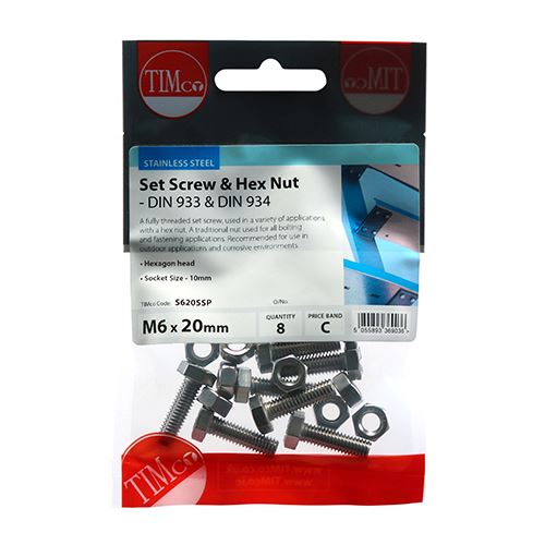TIMCO Set Screw & Hex Nut - A2 SS M6 x 20 Silver Pack 8