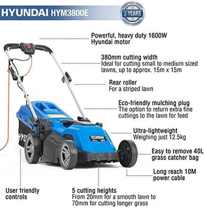 Hyundai HYM3800E Electric Lawn Mower 1600W 230V 240V 38cm Corded Mulching Garden Mower Garden Grass Cutting