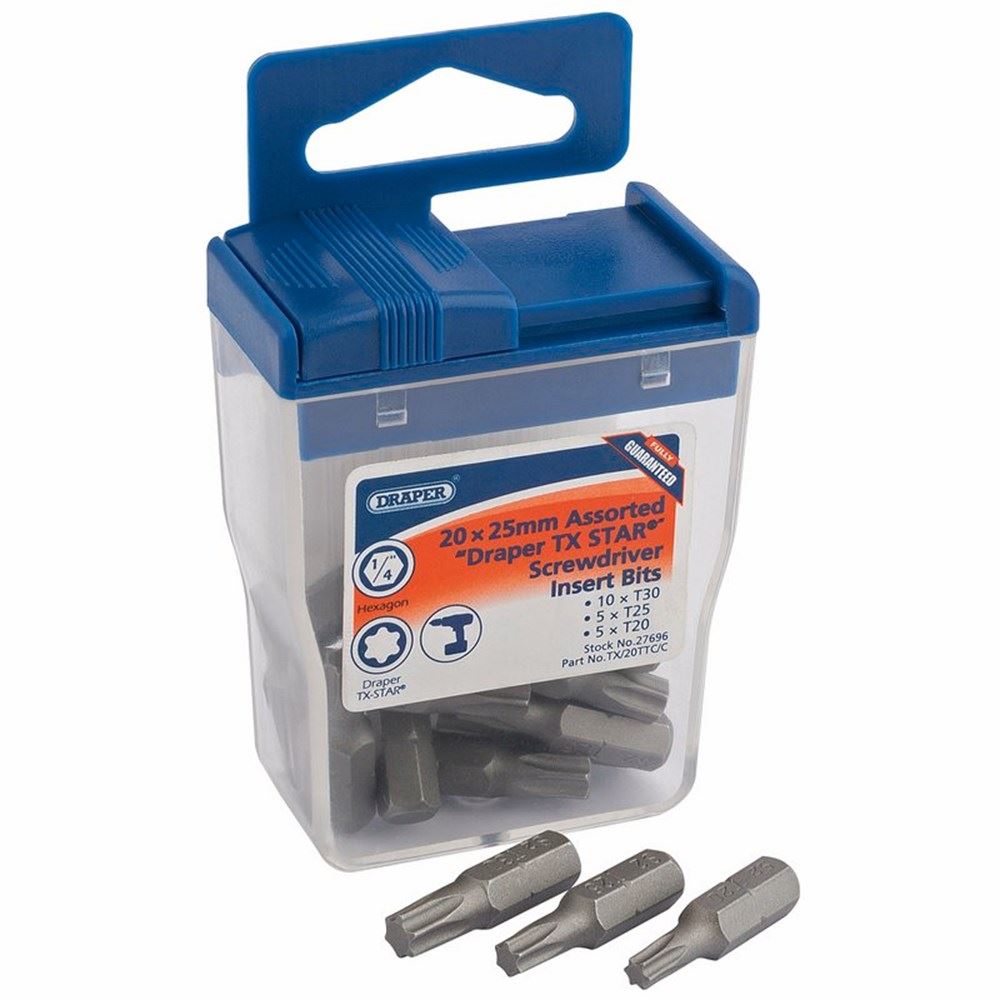 Draper 20 X TX STAR 25MM BIT SET 27696 20 x Assorted Draper TX-STARÂ® 25mm Long Insert Bits in Plastic Storage Case