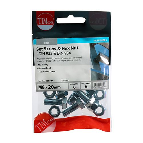 TIMCO Set Screw & Hex Nut - BZP M8 x 20 Silver Pack 6