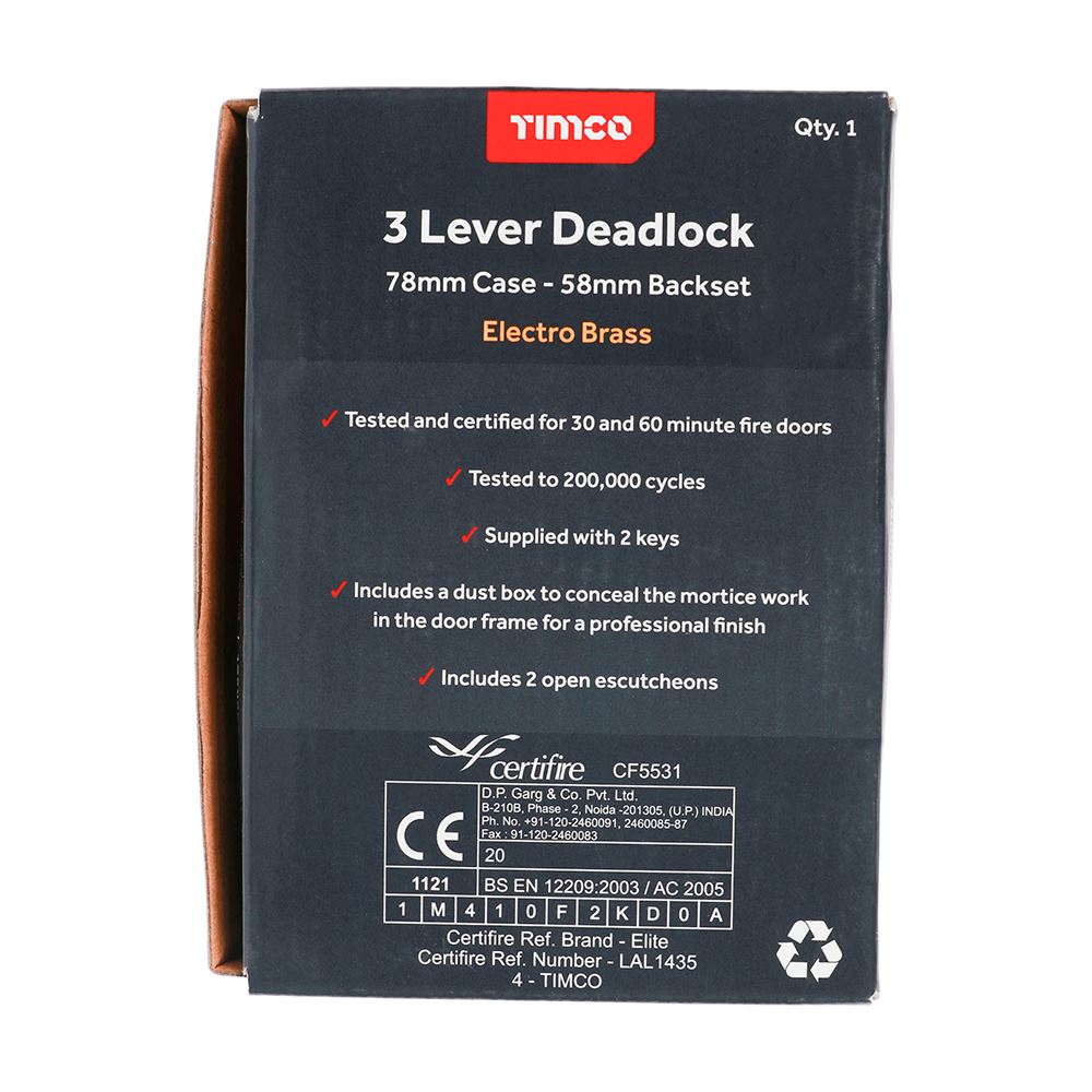 TIMCO 3 Lever Deadlock E. Brass 78mm Pack 1