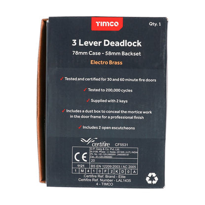 TIMCO 3 Lever Deadlock E. Brass 78mm Pack 1