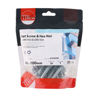 TIMCO Set Screw & Hex Nut - BZP M8 x 100 Silver Pack 20