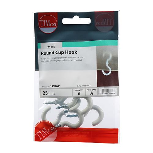 TIMCO Round Cup Hook - White 25mm White Pack 6