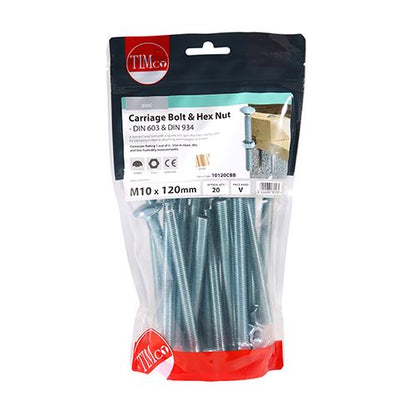TIMCO Carriage Bolt & Hex Nut - BZP M10 x 120 Silver Pack 20