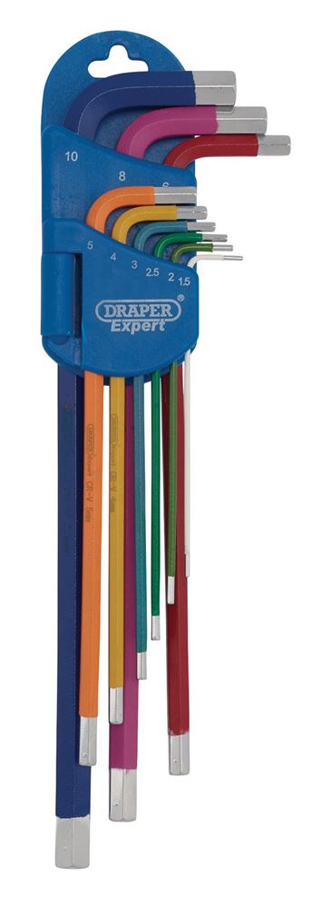 Draper XL COLOUR HEX KEY SET 9PC 04911 Metric Extra-Long Arm Hex Key Set, Colour Coded (9 Piece)