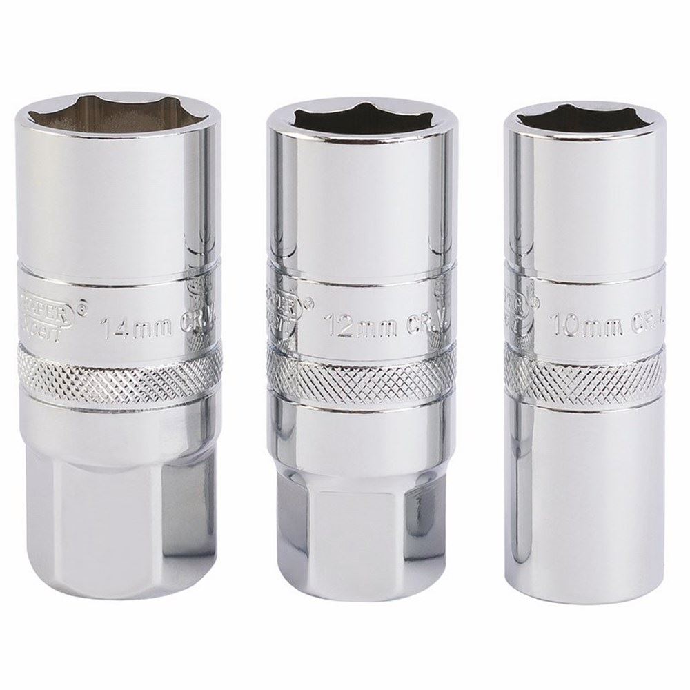 Draper 3PC SPARK PLUG SCKET 1/2PCKD 16784 Set Of 1/2" Sq. Dr. Spark Plug Sockets (Polished Chrome) (3 Piece)