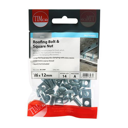 TIMCO Roofing Bolt & SQ Nut - BZP M6 x 12 Silver Pack 14