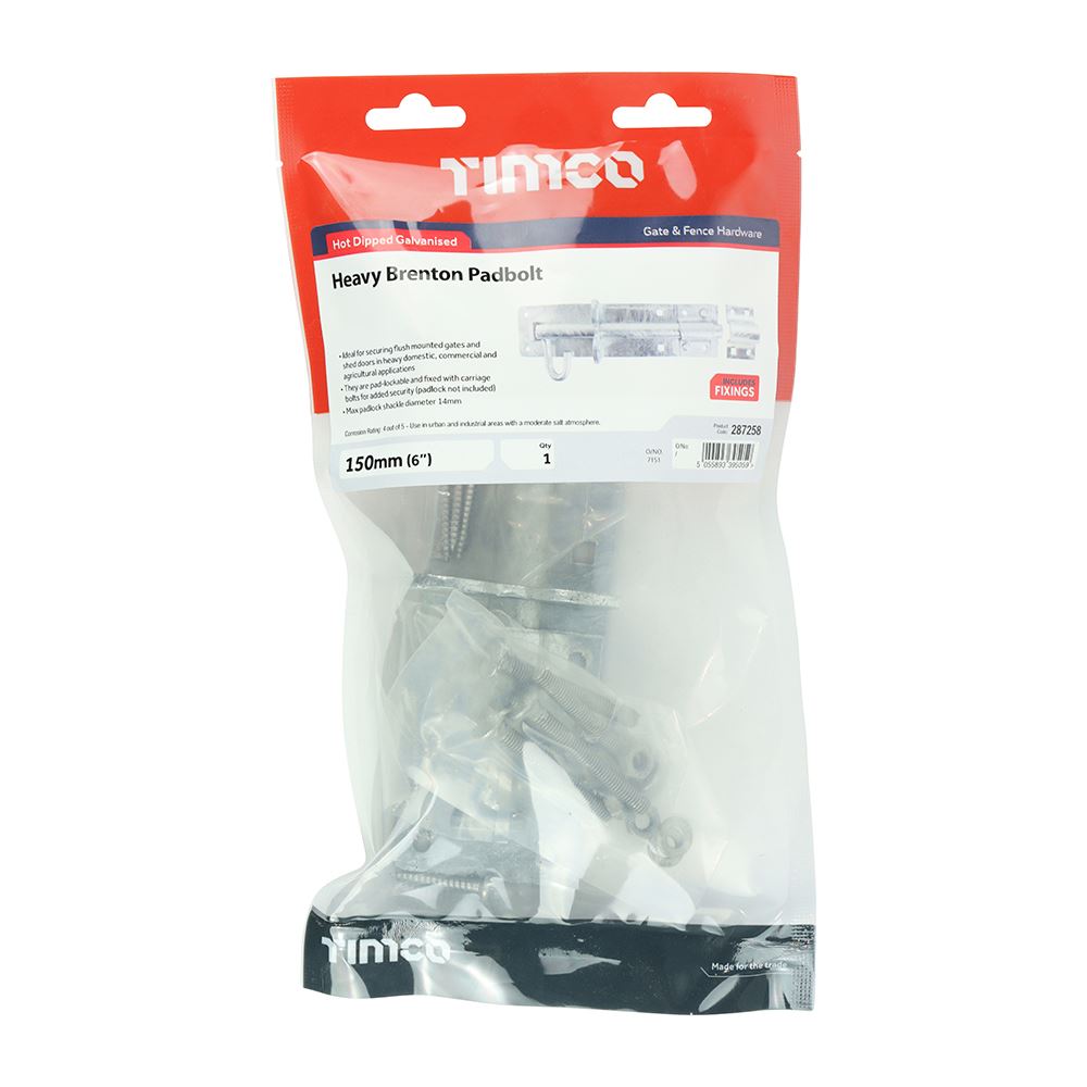 TIMCO Heavy Brenton Padbolt HDG 6" Pack 1