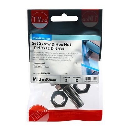 TIMCO Set Screw & Hex Nut - A2 SS M12 x 30 Silver Pack 2