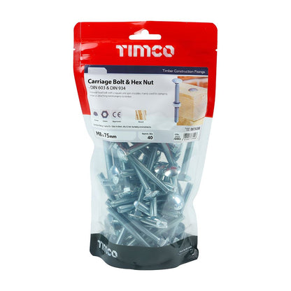 TIMCO Carriage Bolt & Hex Nut - BZP M8 x 75 Silver Pack 40