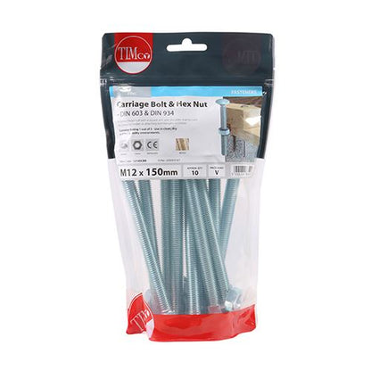 TIMCO Carriage Bolt & Hex Nut - BZP M12 x 150 Silver Pack 10