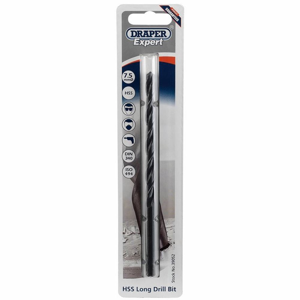 39052 Draper Expert Expert HSS Extra Long Drill Bit, 7.5 x 157mm H29MC/L HSS Twist Drills Professional Trade DIY Workshop Garage Use