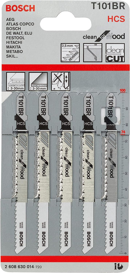 Bosch Professional 5 x Jigsaw blade T 101 BR Clean for Wood (for softwood, straight cut, accessories jigsaw)
