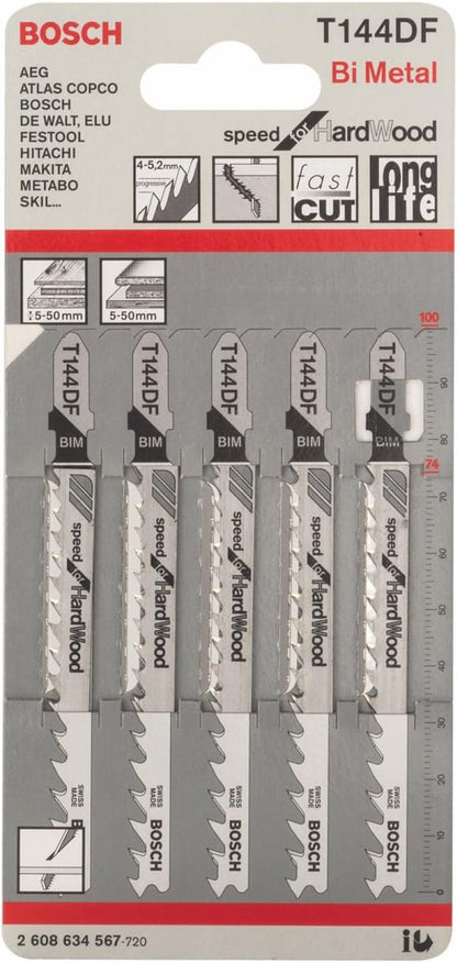 Bosch 2608634567 Professional 5 x Jigsaw blade T 144 DF Speed for Hard Wood