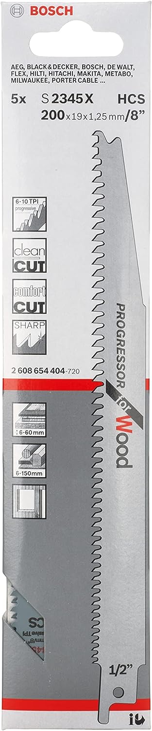 Bosch 2608654404 200mm Progressor Sabre Saw Blades Pack of 5 For Wood
