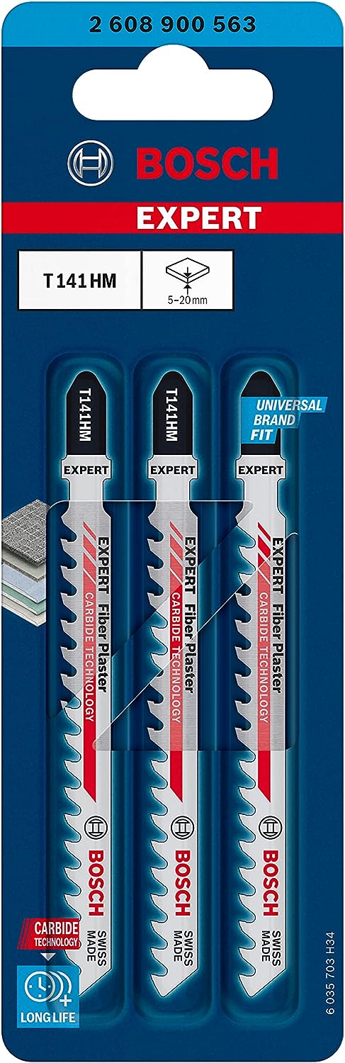 Bosch 2608900563 Professional 3x Expert ‘Fiber Plaster’ T 141 HM Jigsaw Blade (for Fibre cement boards, Drywall board, Length 100 mm, Accessories Jigsaw)