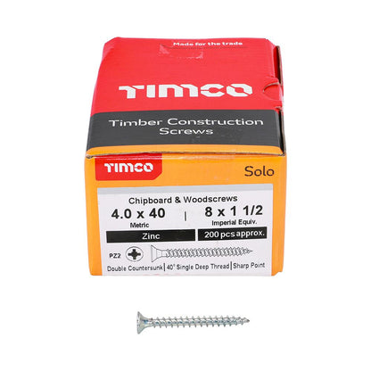 TIMCO Solo Woodscrew PZ2 CSK Zinc 4.0 x 40 Silver Pack 200