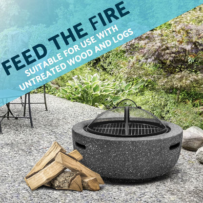 Dellonda DG189 Round MgO Fire Pit with BBQ Grill & Safety Mesh Screen 60cm - Dark Grey | Magnesium Oxide | The fire pit is made from MgO (Magnesium
