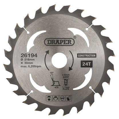 Draper TCT SAW BLADE 216MM 24T CONS 26194 TCT Construction Circular Saw Blade, 216 x 30mm