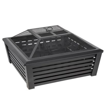 Dellonda DG43 89cm Square Outdoor Fire Pit, Black | Safety Screen | Contemporary style square fire pit is perfect for relaxing outdoors with family