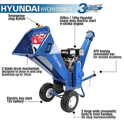 Hyundai HYCH1500E-2 Petrol Wood Chipper 420cc 4-Stroke Garden Shredder Mulcher Garden Shredder Mulcher