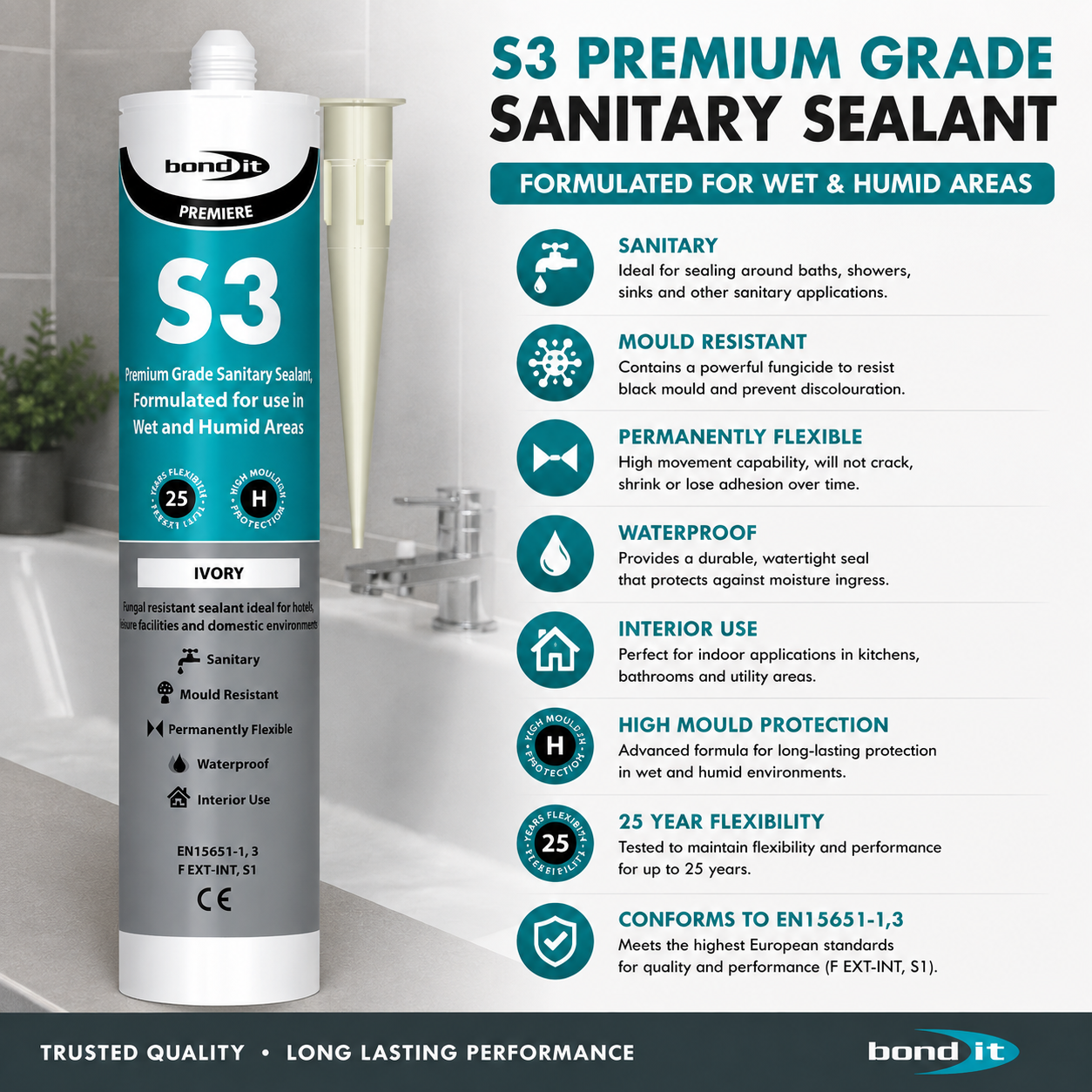 Bond It S3 All Colours 285ml Sanitary Silicone Sealant Pack of 1 Waterproof Mould Resistant for Baths Sinks Showers and Kitchens