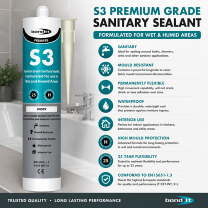 Bond It S3 All Colours 285ml Sanitary Silicone Sealant Pack of 1 Waterproof Mould Resistant for Baths Sinks Showers and Kitchens