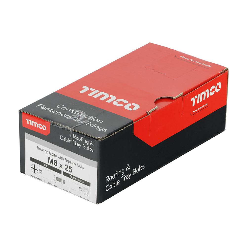 TIMCO Roofing Bolt & SQ Nut Zinc M8 x 25 Silver Pack 100