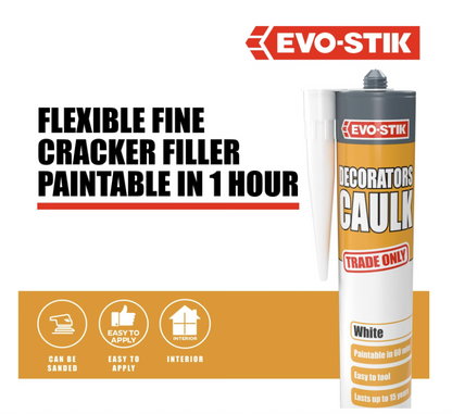 EVO-STIK Decorators Caulk White 280ml Flexible Fast Dry Paintable Gap & Crack Filler for Skirting Boards Windows Doors