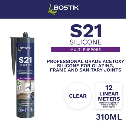 Bostik Pro S21 Multi Purpose Acetoxy Silicone Sealant Clear 310ml Waterproof Flexible Sealant for Glazing Kitchens Bathrooms and General Building Applications