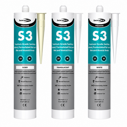 Bond It S3 All Colours 285ml Sanitary Silicone Sealant Pack of 1 Waterproof Mould Resistant for Baths Sinks Showers and Kitchens