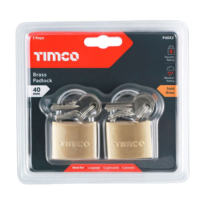 TIMCO Brass Padlock 40mm Pack 2