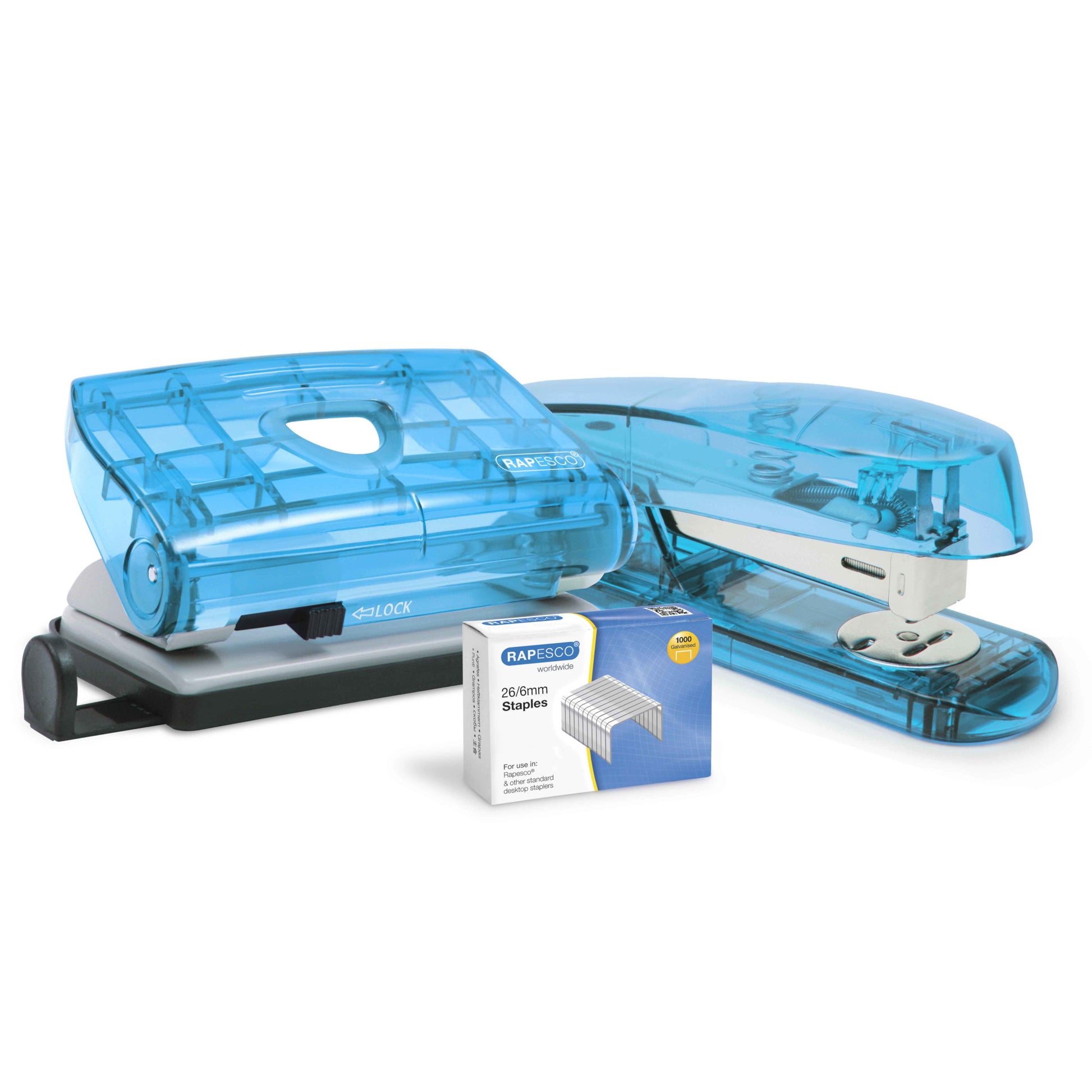 Rapesco C38050AS 810-P Hole Punch and Puffa Stapler with 1000 Staples Sea-Thru Blue