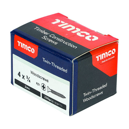 TIMCO Twin Woodscrew PZ1 CSK Zinc 4 x 3/4 Silver Pack 200