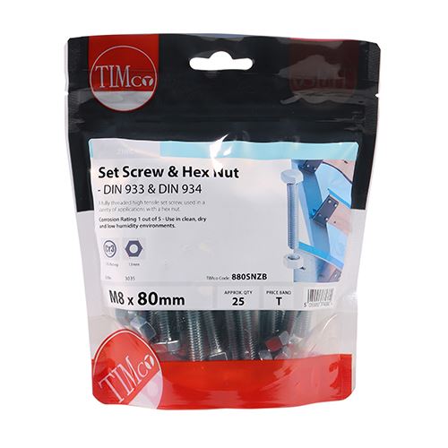 TIMCO Set Screw & Hex Nut - BZP M8 x 80 Silver Pack 25