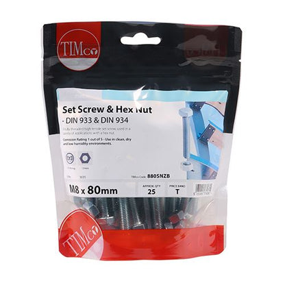 TIMCO Set Screw & Hex Nut - BZP M8 x 80 Silver Pack 25
