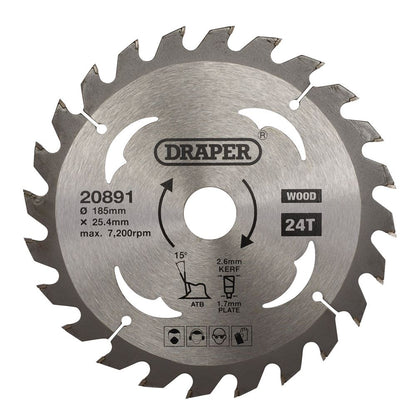 Draper TCT SAW BLADE 185MM 24T WOOD 20891 TCT Circular Saw Blade for Wood, 185 x 25.4mm