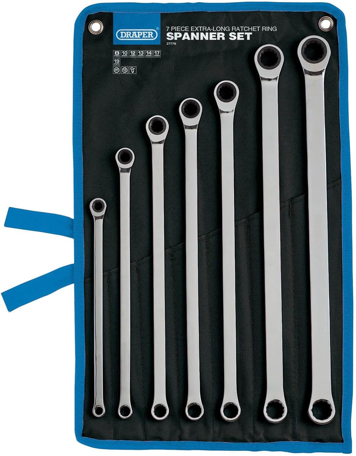Draper 7PC LONG RATC RING SPANNER SET 27778 27778 HI-TORQÂ® Metric Extra-Long Double Ring Ratchet Spanner Set (7 Piece)