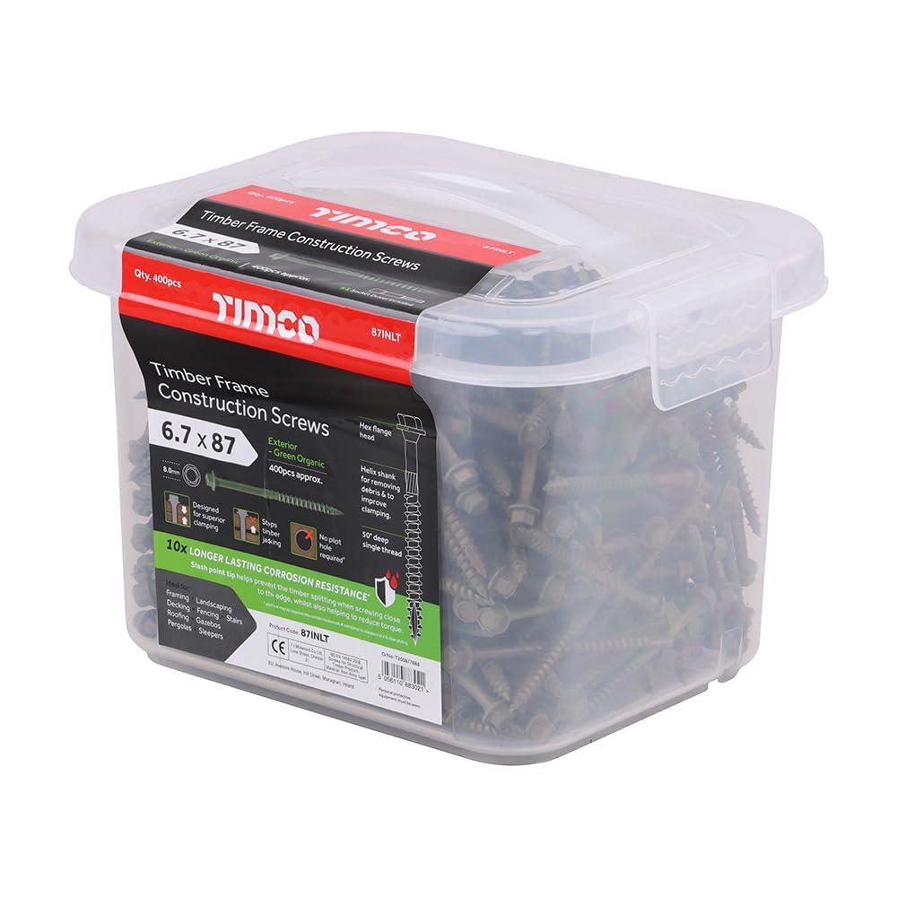 TIMCO Hex Head Timber Construction Screws 6.7mm Exterior Green – Various Lengths and Pack Sizes for Landscaping, Timber Framing and Structural Timber Fixing