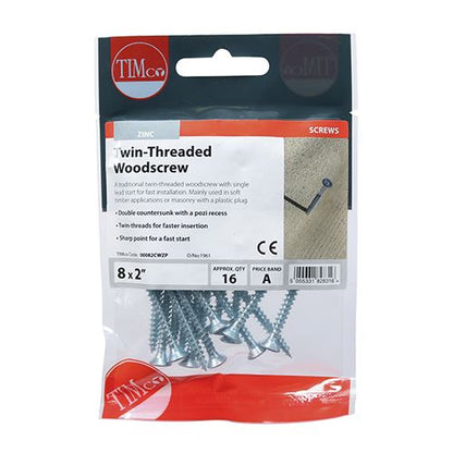 TIMCO Twin Woodscrew PZ2 CSK - BZP 8 x 2 Silver Pack 16