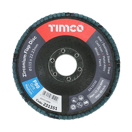 TIMCO Zirconium Flap Disc P80 Set 115 x 22.23 Pack 10
