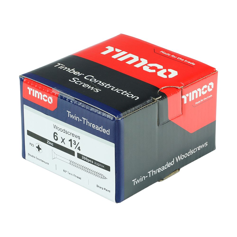 TIMCO Twin Woodscrew PZ2 CSK Zinc 6 x 1 3/4 Silver Pack 200