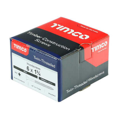 TIMCO Twin Woodscrew PZ2 CSK Zinc 6 x 1 3/4 Silver Pack 200