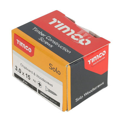 TIMCO Solo Woodscrew PZ1 CSK Zinc 3.0 x 15 Silver Pack 200