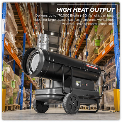 Sealey ABI1700 Space Warmer Indirect Kerosene/Diesel Heater with Wheels 170,000Btu/hr | 170,607Btu/hr(50kW), 230v~50Hz, Thermostat, Wheels